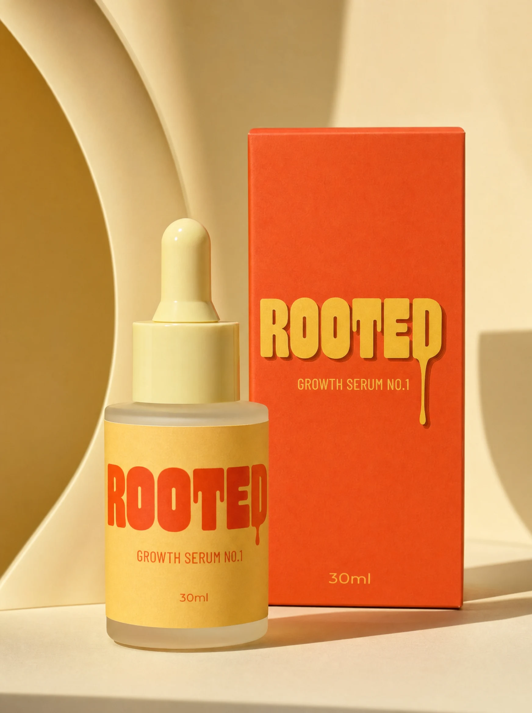 Rooted serum and orange carton in a sculptural cream setting
